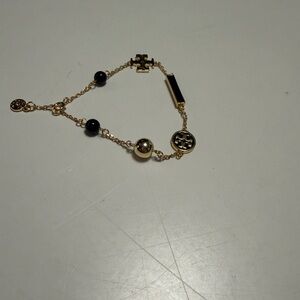 Tory Burch Gold Chain Bracelet with Black Beads and Logo Discs